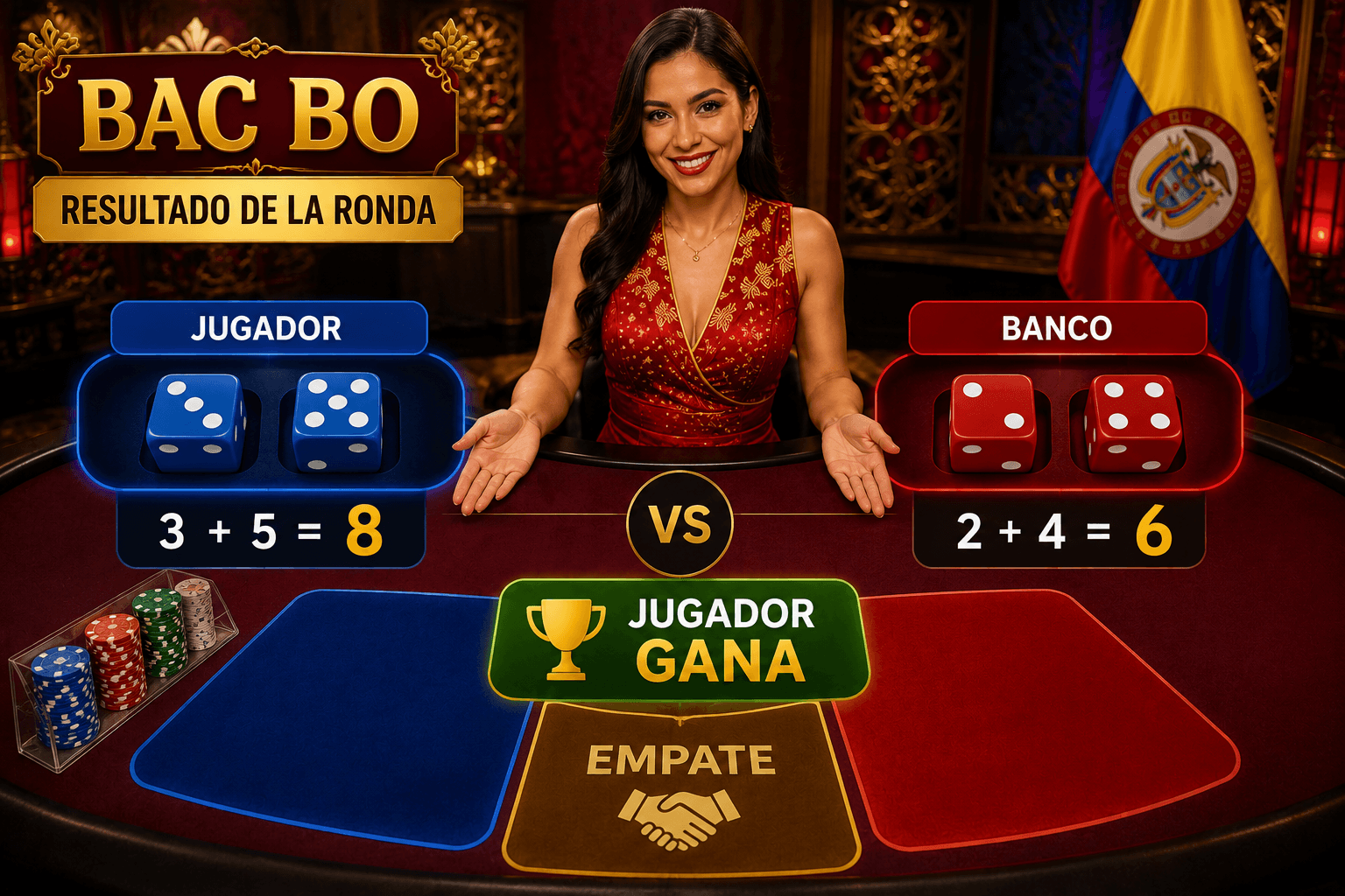 Resultado real de una ronda de Bac Bo con dados lanzados
