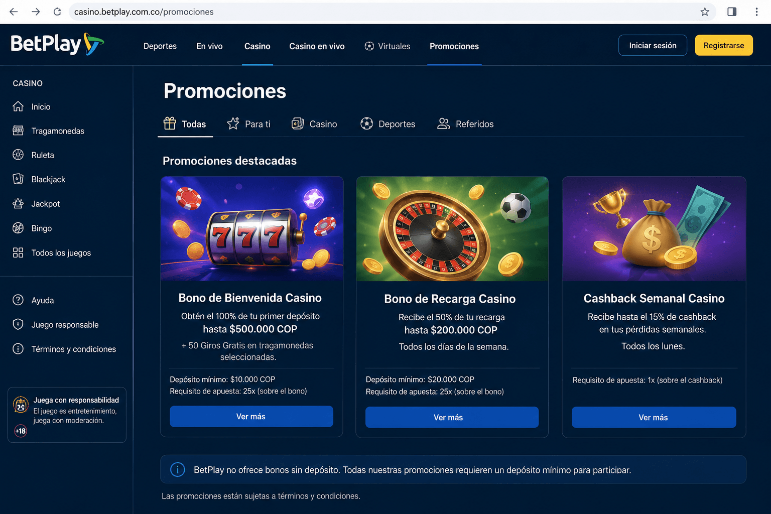 Captura de pantalla de BetPlay mostrando que no hay bonos sin depósito disponibles - prueba realizada por Casino Colombia el 15 de junio de 2026