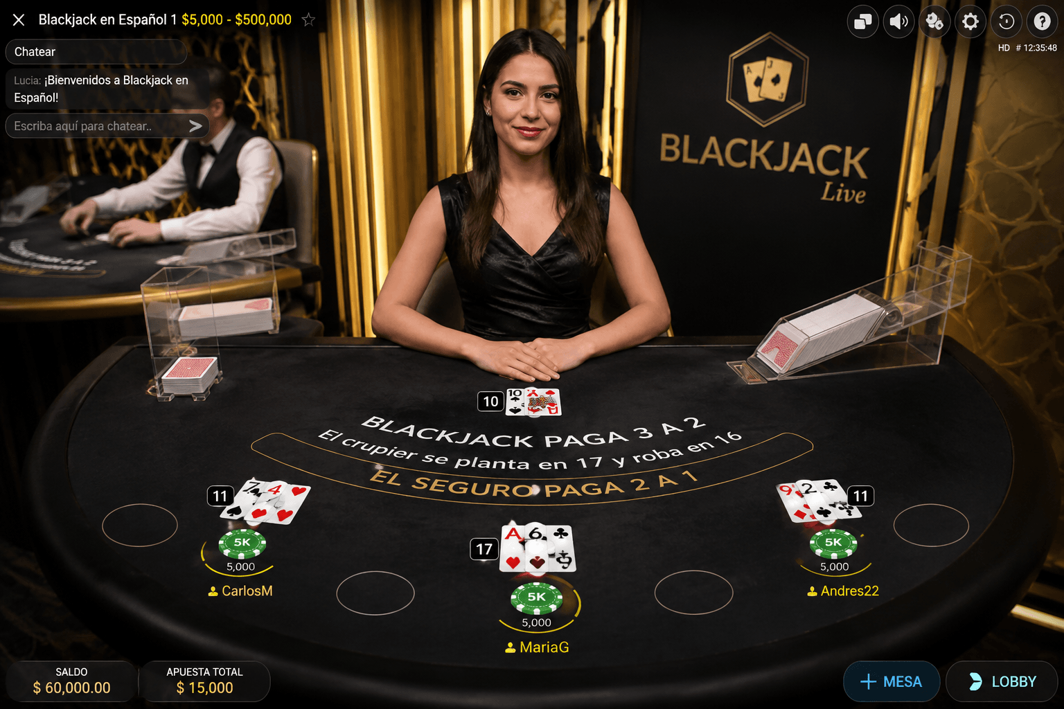 Una mesa de blackjack en vivo durante nuestras pruebas