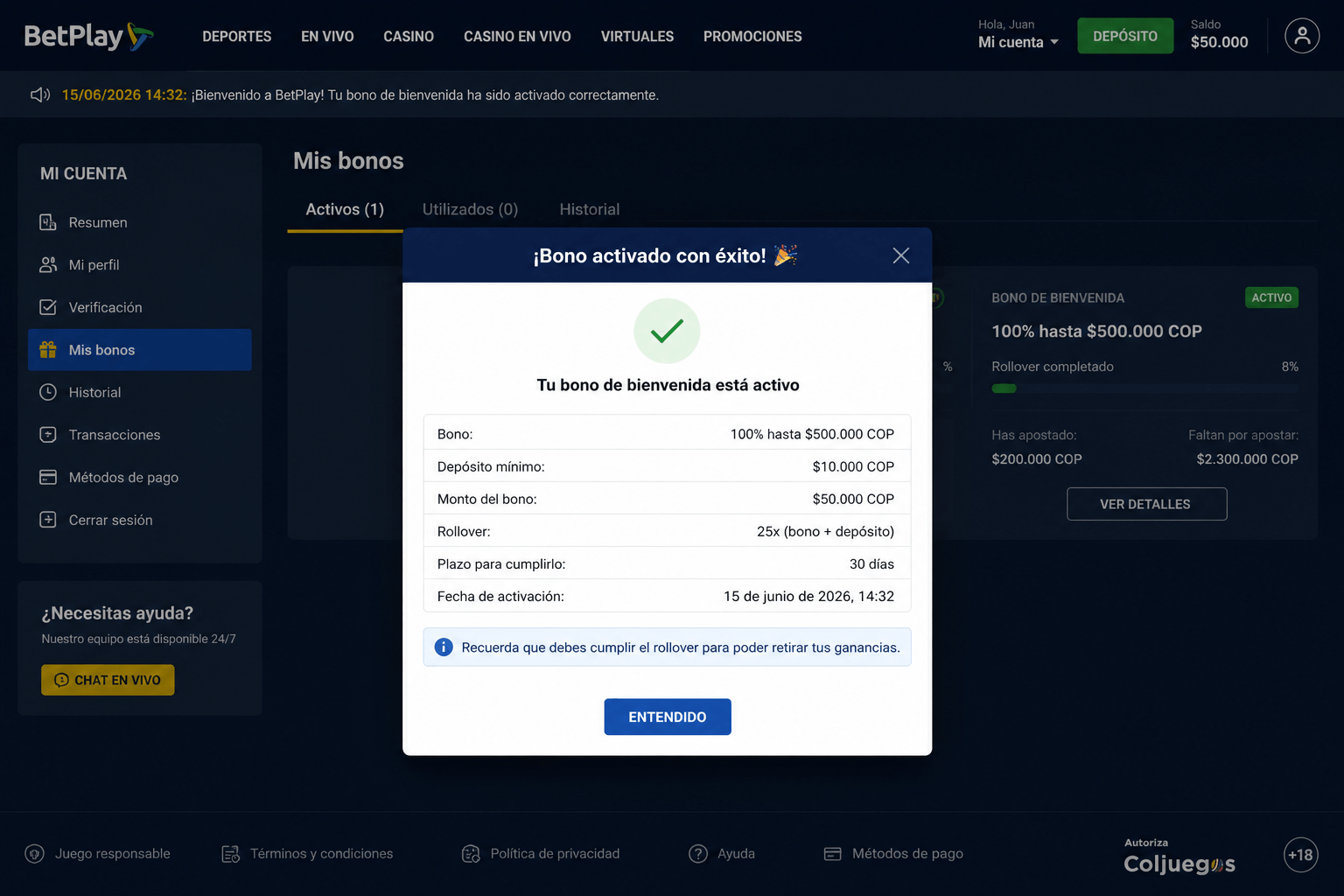 Captura de bono de bienvenida activado en BetPlay - prueba realizada por el equipo de Casino Colombia (junio 2026)