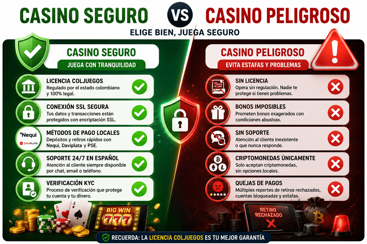 Claves para identificar un casino online confiable y seguro en Colombia: licencia Coljuegos, SSL, KYC, pagos rápidos