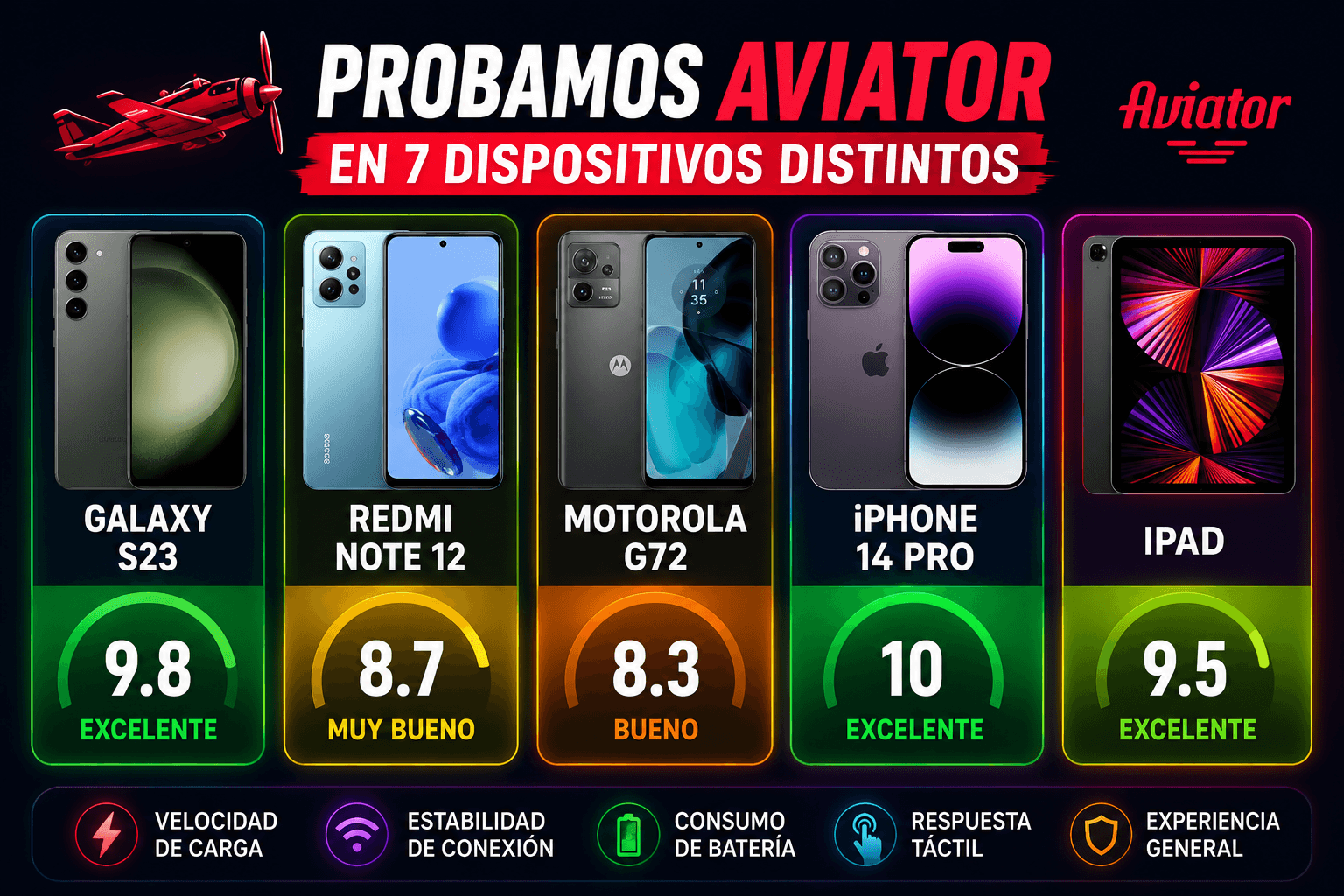 Comparativa de rendimiento de Aviator en 5 dispositivos móviles: Galaxy S23 (9.8), Redmi Note 12 (8.7), Motorola G72 (8.3), iPhone 14 Pro (10), iPad (9.5)