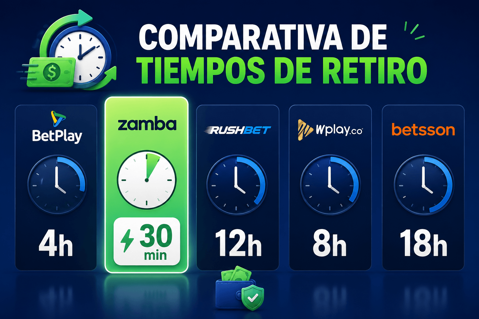Comparativa de tiempos de retiro en casinos de Bogotá: BetPlay (4h), Zamba (30 min), RushBet (12h), Wplay (8h), Betsson (18h) - Nequi y Daviplata
