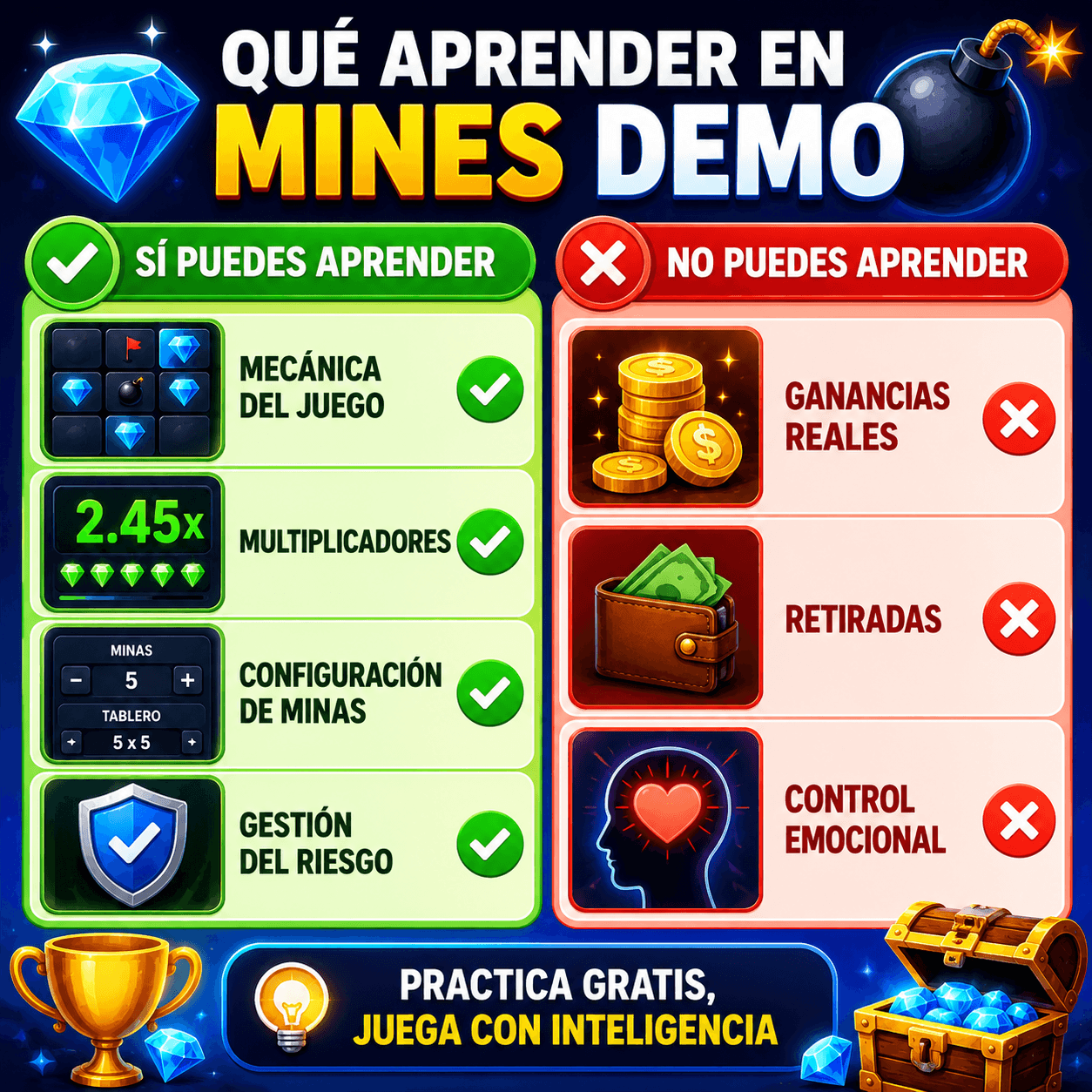 Qué aprender en Mines demo: mecánica del juego, multiplicadores, configuración de minas y gestión del riesgo