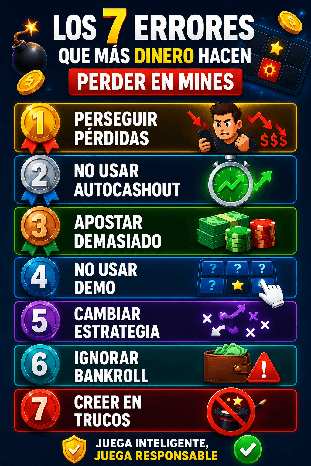 Los 7 errores que más dinero hacen perder en Mines: perseguir pérdidas, no usar autocashout, apostar demasiado, no usar demo, cambiar estrategia, ignorar bankroll, creer en trucos