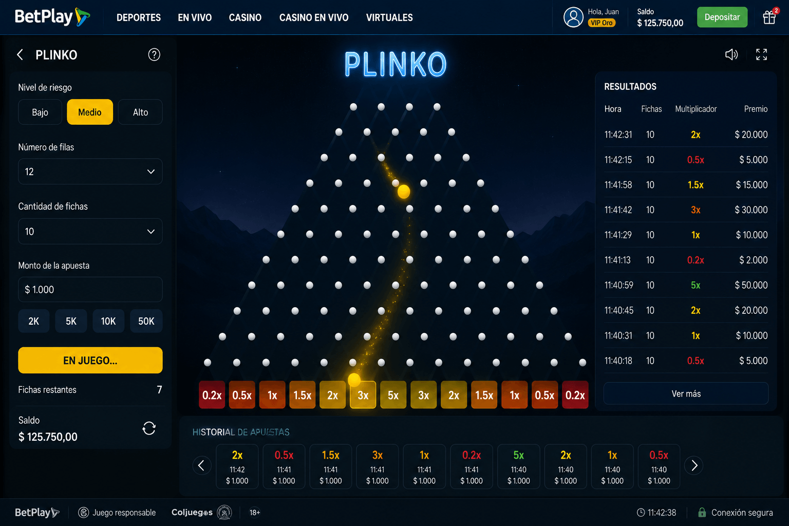 Interfaz de Plinko en BetPlay - prueba realizada por el equipo de Casino Colombia (junio 2026)