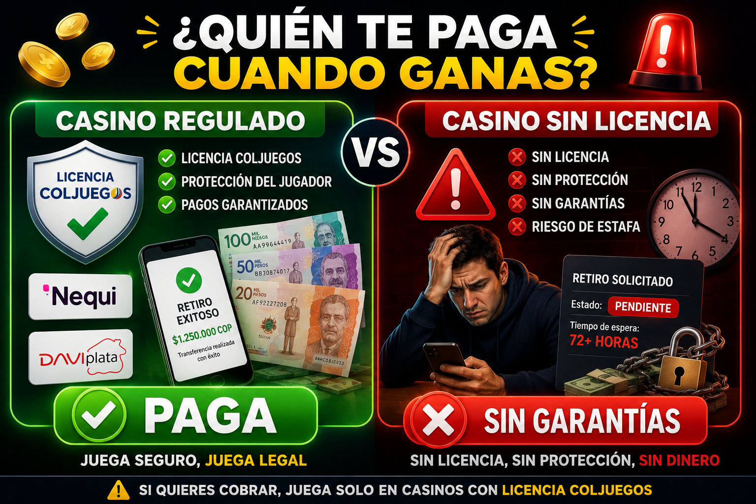 Comparativa: Casino con licencia Coljuegos vs Casino sin licencia - quién te paga cuando ganas