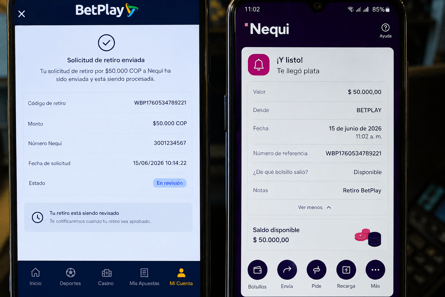 Captura de retiro rápido por Nequi desde BetPlay - solicitud 10:14 AM, aprobación 10:58 AM, dinero recibido 11:02 AM