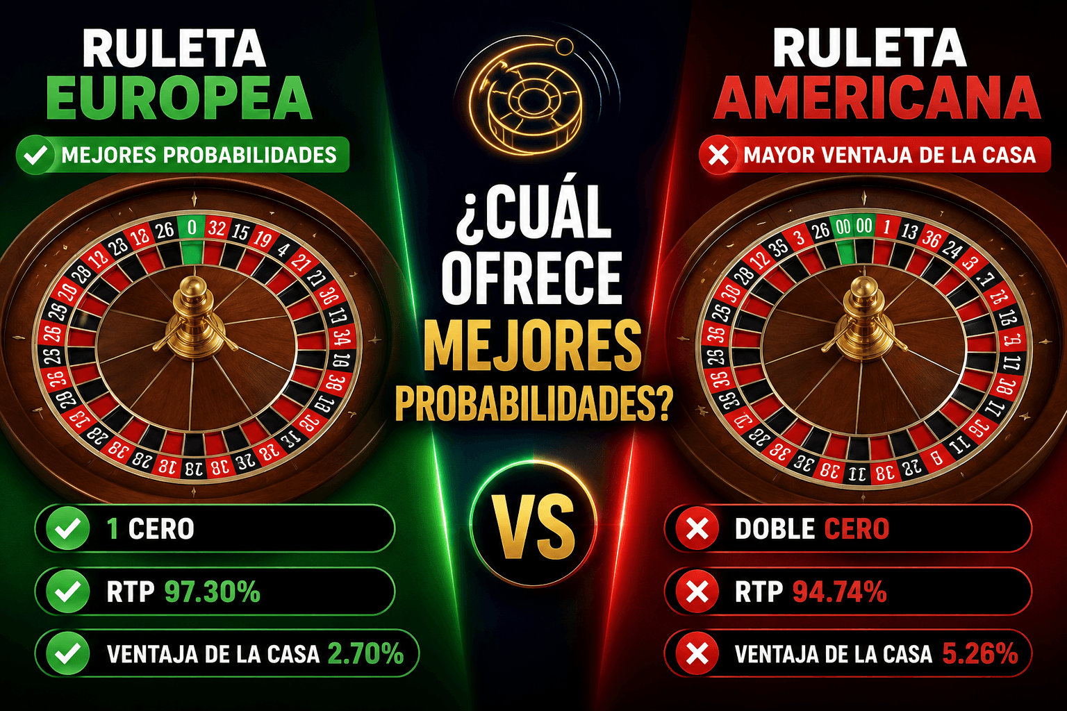 Comparativa entre ruleta europea y ruleta americana: la europea tiene un solo cero y mejor RTP (97.30%) frente a la americana con doble cero y RTP 94.74%