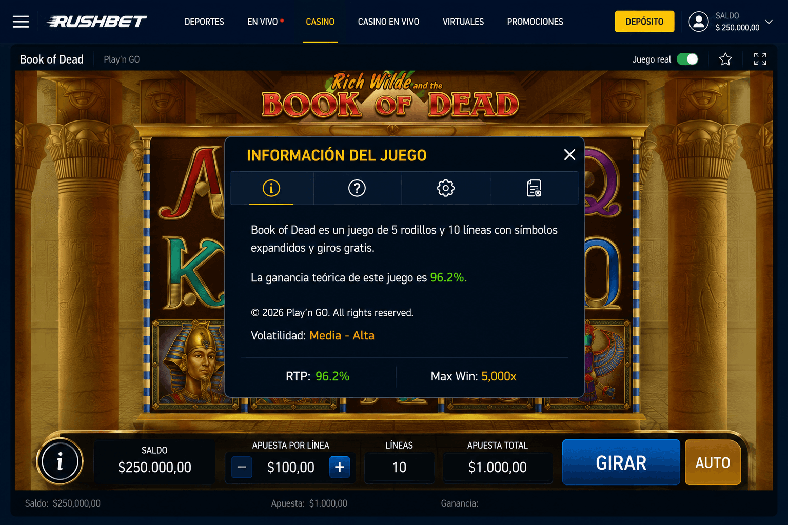 RTP de Book of Dead visible en la información del juego dentro de RushBet